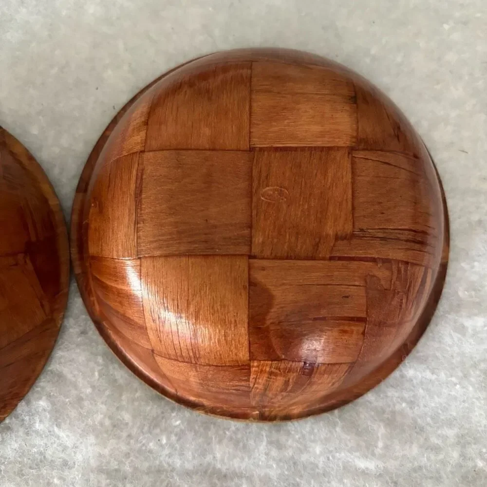 2 Vintage Wooden Woven Salad Bowls